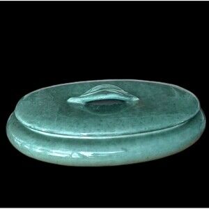 Vintage Pottery Blue-Green Oval Dish W/ Lid And Leaf Handle 12"x9" Asian Design